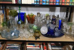 Collection of glass including decanters, etched, coloured, etc.