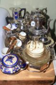 Collection of silver plated wares, Victorian porcelain, two Oriental embroideries, etc.