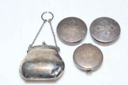 Set of three communion wafer boxes together with a silver purse.
