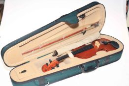 Violin and bow in case, together with a recorder.
