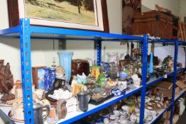 Collection of Victorian pottery, metalwares, carved sculptures, decanters, etc.