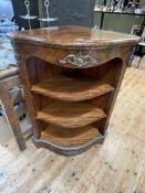 Victorian walnut and rosewood brass mounted serpentine front open corner cabinet, 99cm.