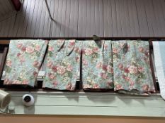 Two pairs of Sanderson style floral pattern curtains, linings and tie backs, 150cm drop.