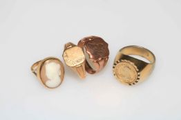 Two 9 carat gold gents signet rings, 9 carat gold cameo ring and coin ring (4).