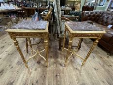 Pair gilt marble inset top lamp tables, 72cm by 40cm by 40cm.