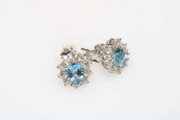 Pair of 18 carat white gold, aquamarine and diamond cluster earrings, aquamarine 1.