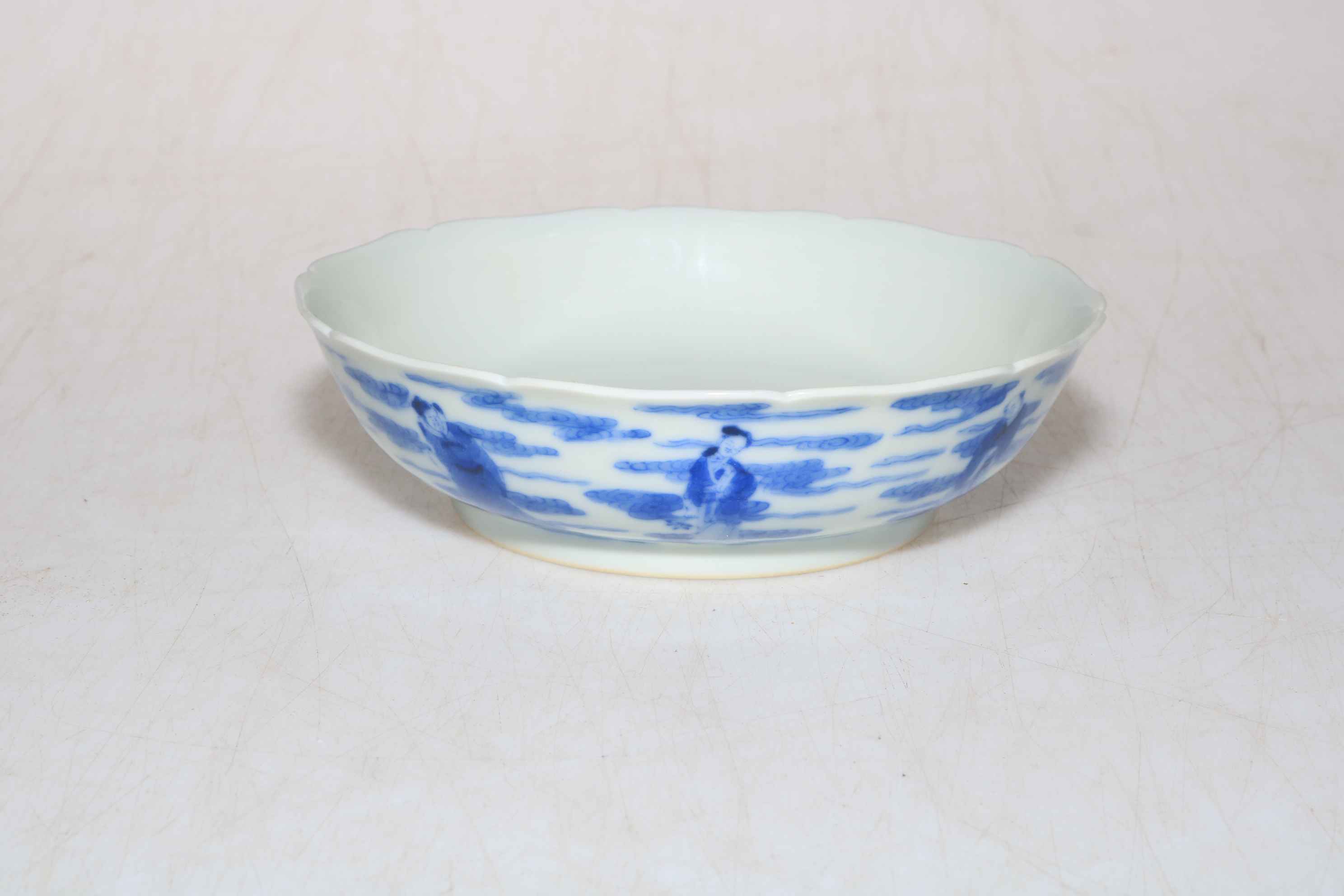 Blue and white Chinese shallow dish decorated with a series of figures, Kangxhi mark to base, - Image 2 of 3