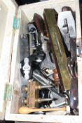 Tool box of vintage tools including assorted planes, spirit level, Record number 055 spoke shave,