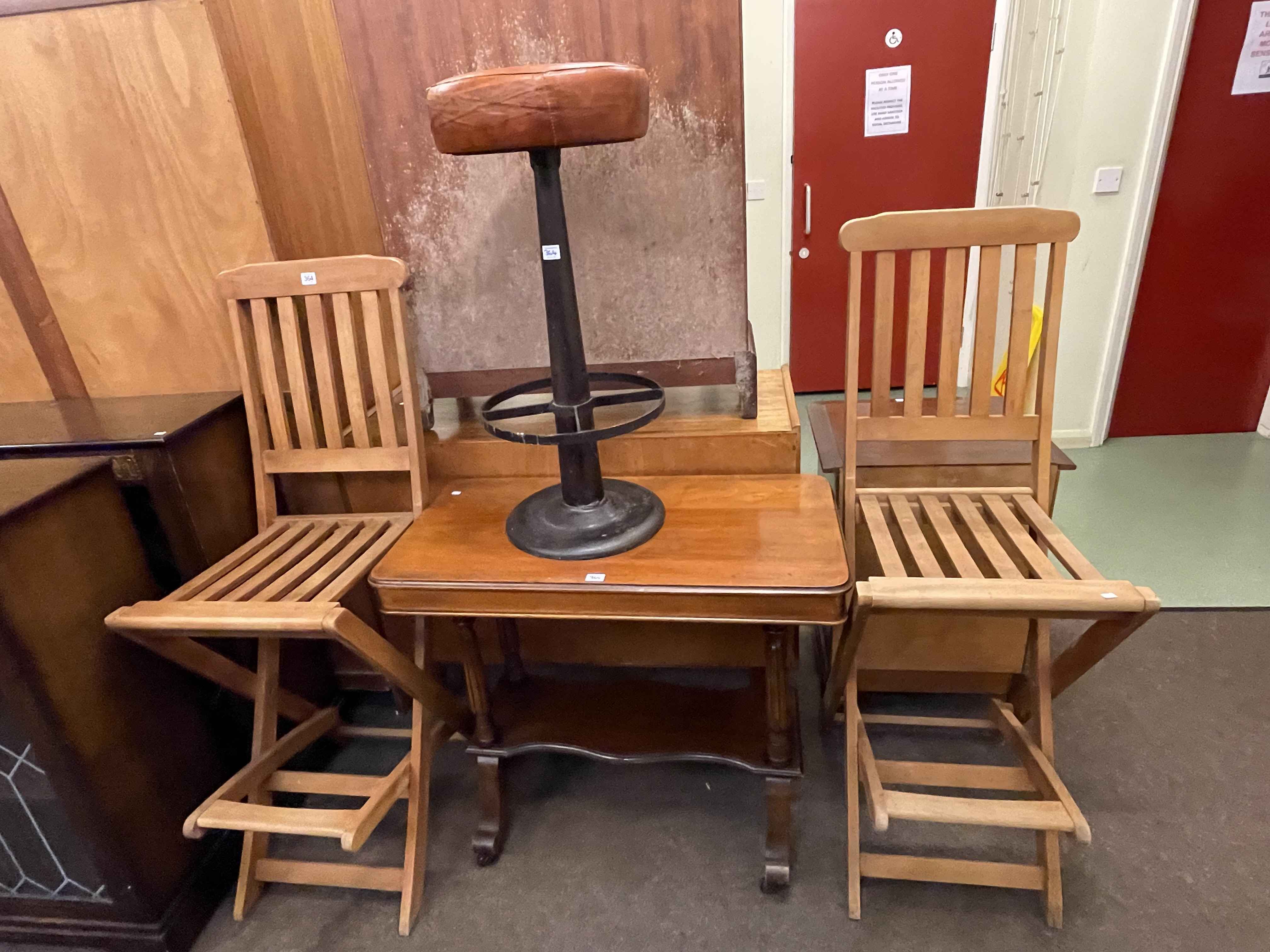 Pair folding teak garden high chairs,