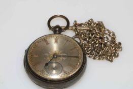 Silver pocket watch with silvered dial together with silver albert chain.