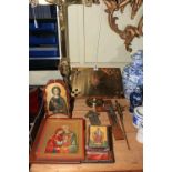 Ecclesiastical lectern, brass crucifix, three crucifixes and a collection of modern icons.