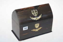 Coromandel arch top stationery box with fitted interior and brass mounts.