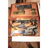 Mahogany box of vintage tools including record number 073 plane and others, Preston spoke shave,