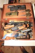 Mahogany box of vintage tools including record number 073 plane and others, Preston spoke shave,