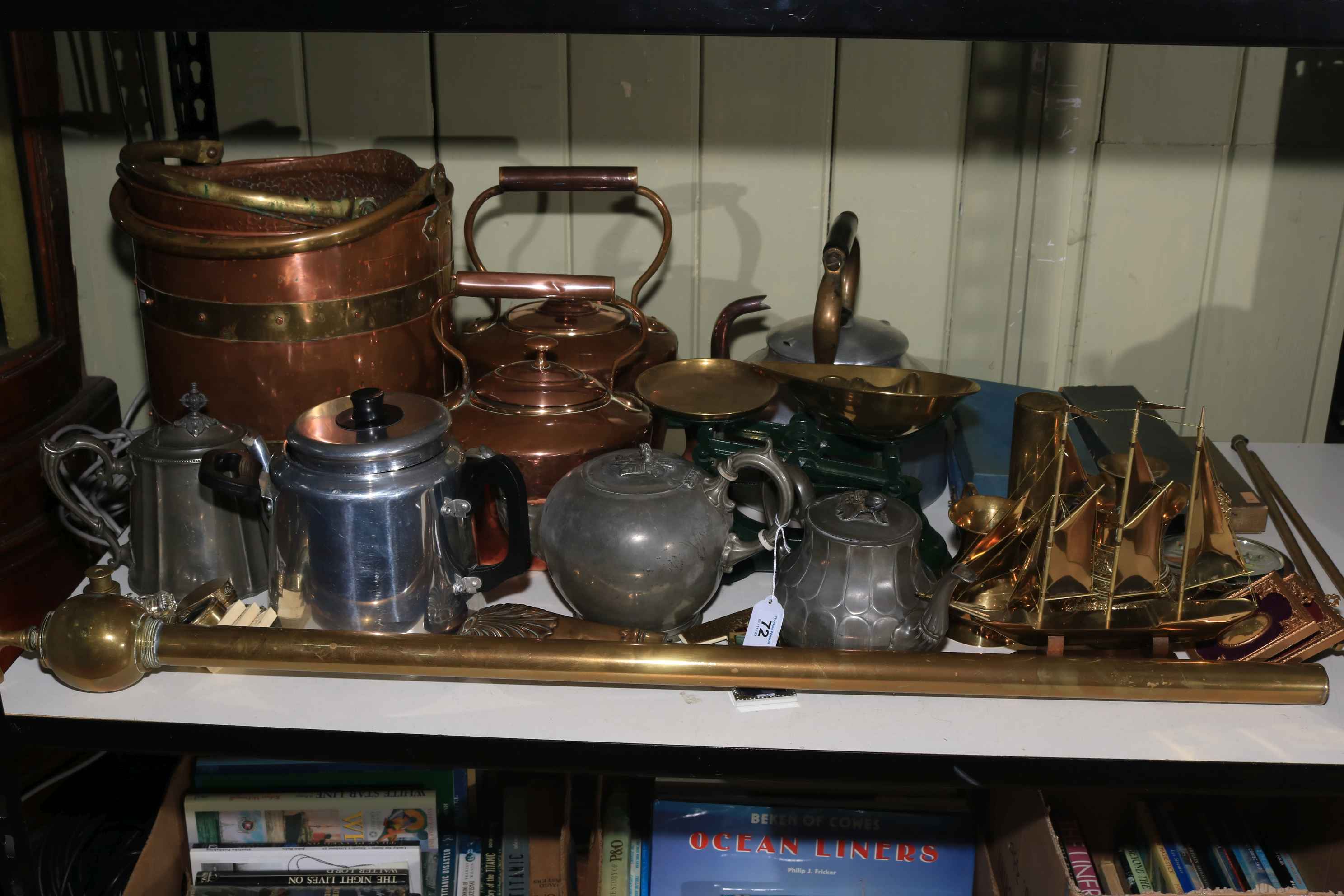 Collection of metalwares including brass and copper bound bucket, scales, teapots, etc.