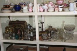 Collection of metalwares and glass including tureen, candlesticks, cruet set, etc.