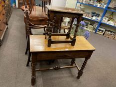 Oak barley twist side table, pair oak elbow chairs and oak bobbin leg stool (4).