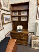 Oak dresser, the shelf back above a five drawer base, 209cm by 91cm by 45cm.