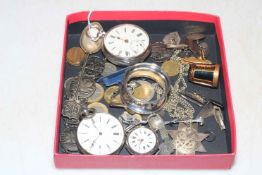 Box of silver watches, coins, badge, etc.