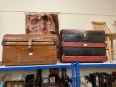 Two vintage tin trunks, wall hanging and prayer mat (4).