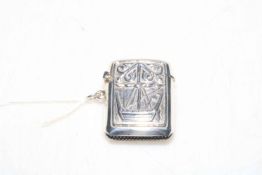 Silver vesta with embossed decoration marked 'Alex Iona' Chester 1910.