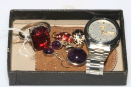 Gents Seiko 5 gents wristwatch, oversize ruby style ring, two Faberge style egg pendants,