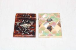Tortoiseshell and mother of pearl inlay card case and mother of pearl card case (2).
