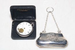 Small Edwardian silver purse, Birmingham 1906, and silver pocket watch with enamel dial.