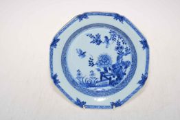 Chinese blue and white polychrome octagonal plate decorated with floral design.