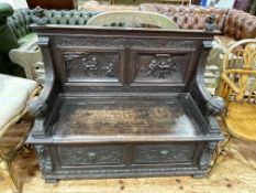 Victorian carved oak box hall bench, 106cm by 122cm by 48cm.