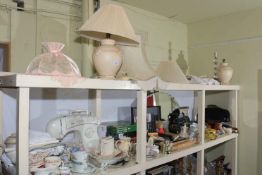 Mirror, linens, part tea sets, glass, figurines, etc.