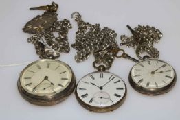 Collection of two silver pocket watches and other with alberts.