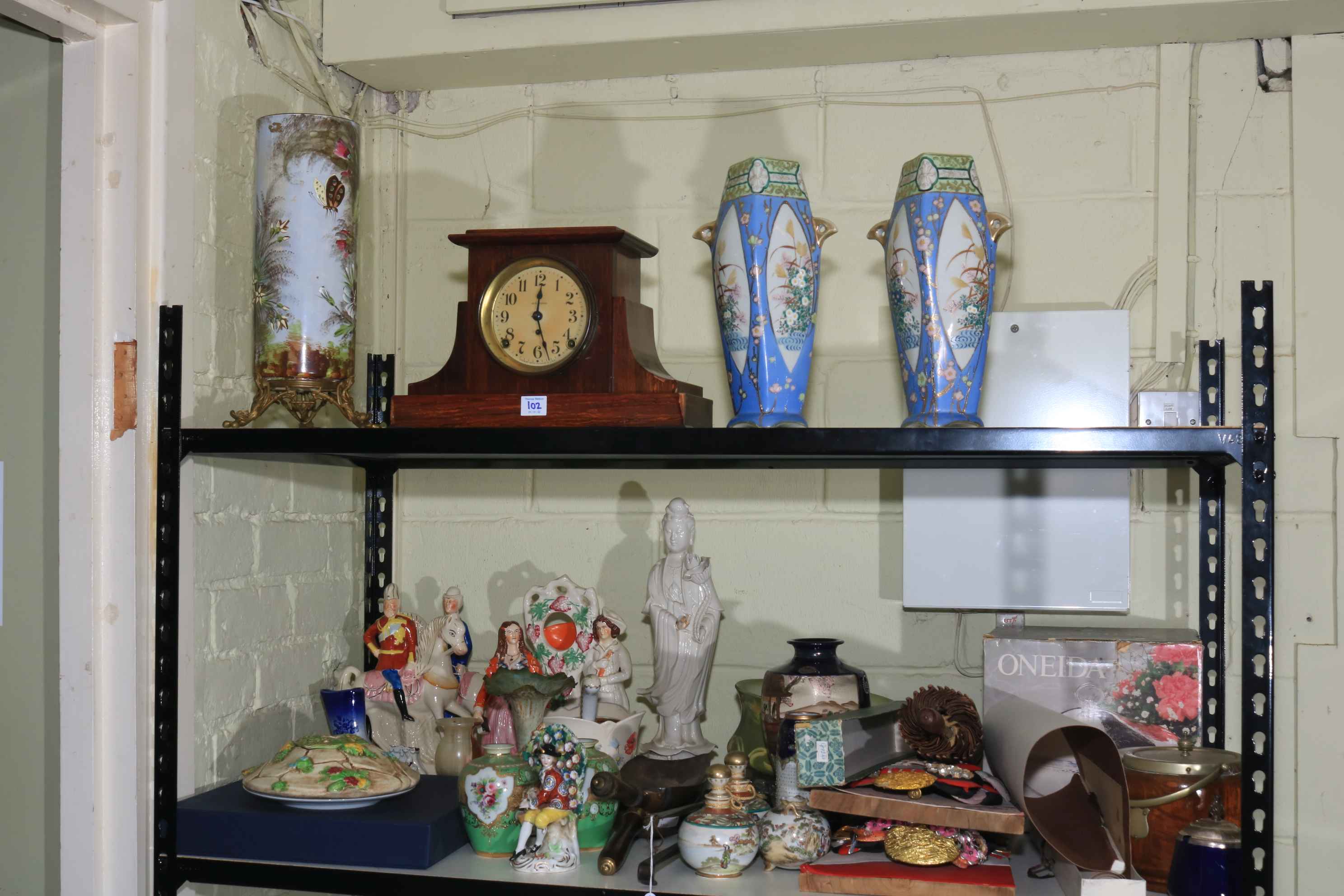 Staffordshire flat backs, Oriental wares, mantel clock, scroll, metalwares, etc.