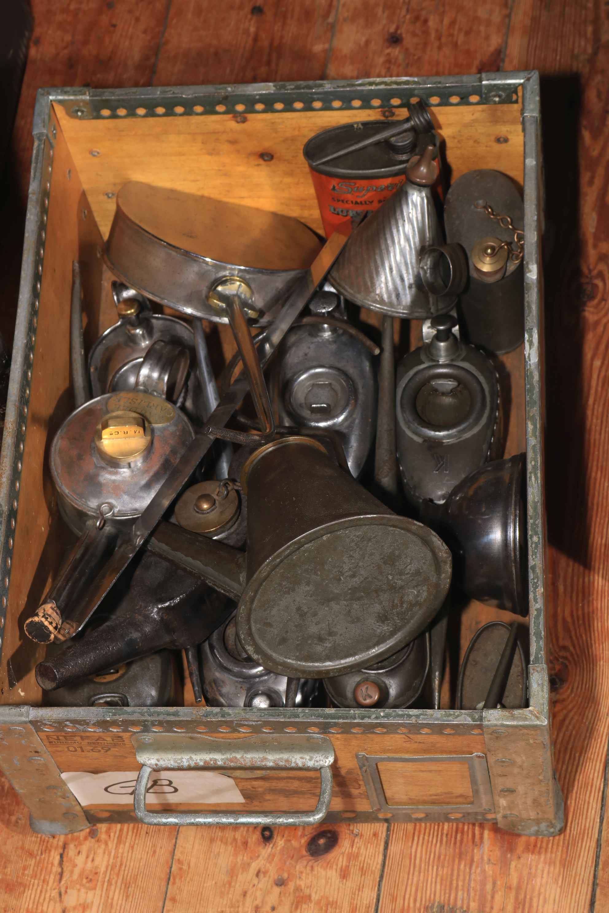 Collection of vintage oil cans.