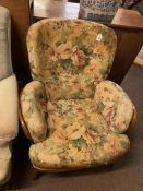 Collection of chairs including Ercol armchair, set of three kitchen chairs, rocking chair,