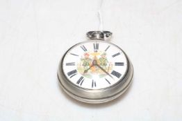 19th Century silver pair-cased verge pocket watch, white enamel dial with hand painted centre,