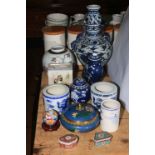 Collection of Oriental wares including blue and white lidded jars, cloisonné pot, vases, etc.