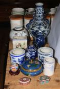 Collection of Oriental wares including blue and white lidded jars, cloisonné pot, vases, etc.