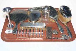 Assorted silver including pair of toast racks, silver backed brushes and mirror, spill vase, sifter,
