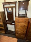 1920's oak hallstand, slim six height chest, oak sewing box and pine five bar towel stand (4).