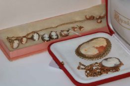 Collection of mostly 9 carat gold cameo jewellery including brooches, rings, earrings, etc.