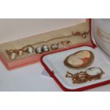 Collection of mostly 9 carat gold cameo jewellery including brooches, rings, earrings, etc.