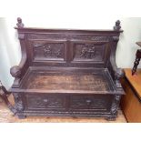 Victorian carved oak box hall bench, 106cm by 122cm by 48cm.