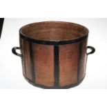 Oak and metal bound two handled grain measure.