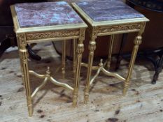 Pair gilt and marble inset top lamp tables, 72cm by 41cm by 41cm.