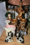 Ornate Cupid table lamp and a pair of candle holders, decanters, Maling, etc.