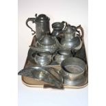 Five piece pewter tea set, tankard, measure, stein, bottle holder, etc.