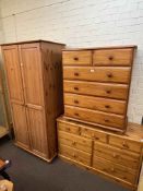 Pine finish two door wardrobe, seven drawer chest and six drawer chest (3).