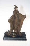 Art Deco style bronze of figure in gown on marble plinth, 34cm high.