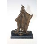 Art Deco style bronze of figure in gown on marble plinth, 34cm high.